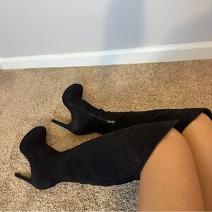 Elegant Black Knee-High Boots Luxury Black Suede Knee-High Stiletto Boots